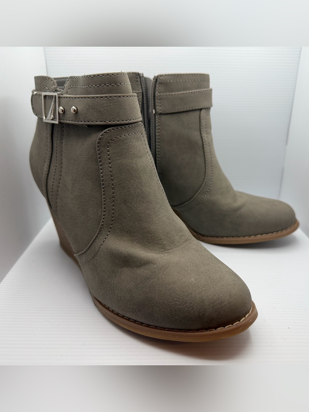 Nautica Gray Faux Suede Ankle Wedge Booties with Buckle Strap